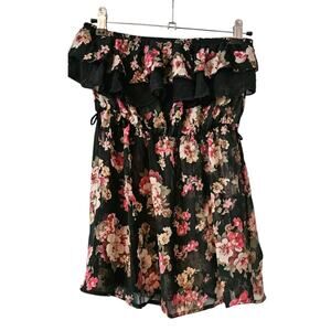 Misope Womens Medium Sheer Dark Floral Floral Top Off Shoulder Elastic Ruffle